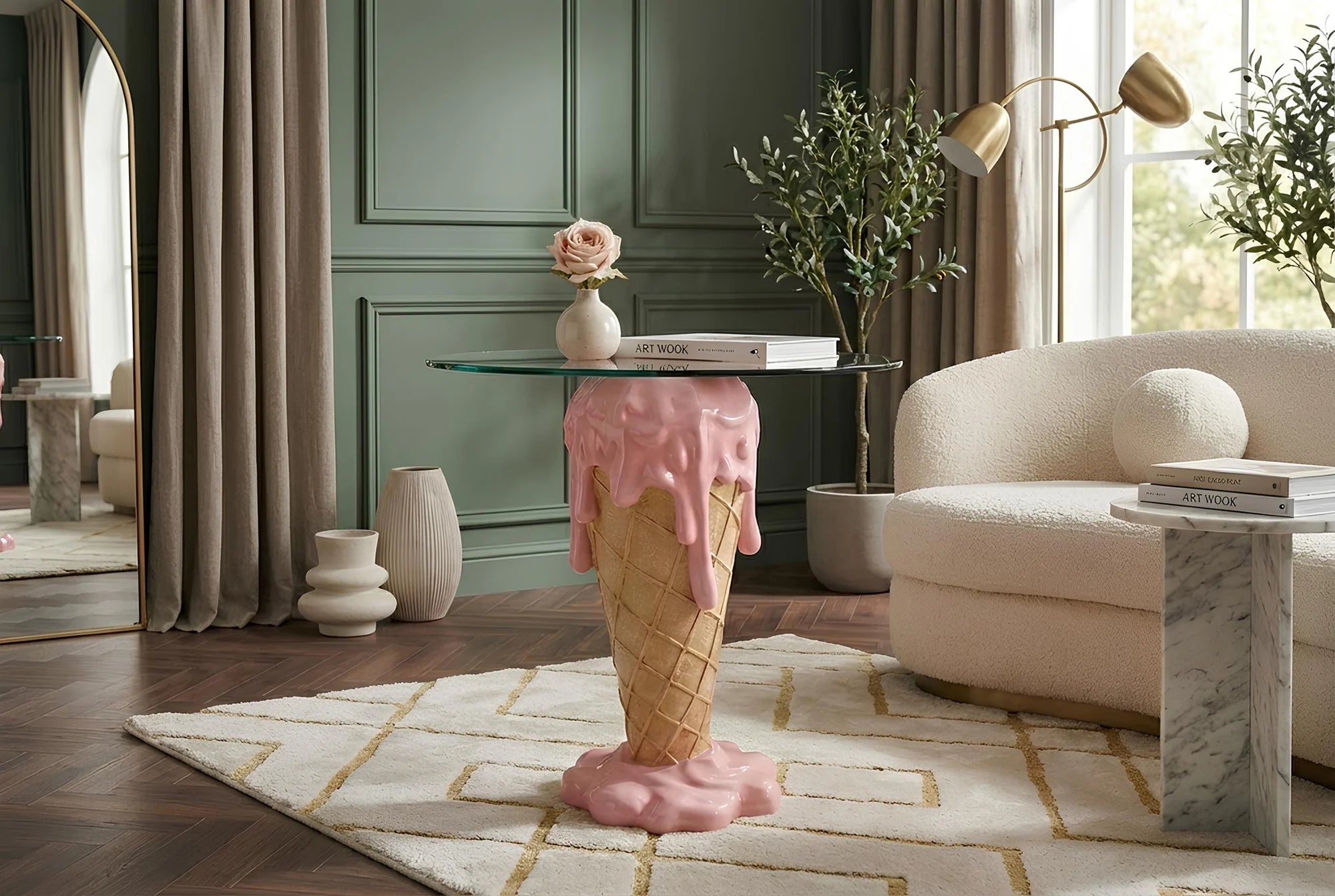 Stolik kawowy Ice Cream z okrągłym blatem ze szkła hartowanego, nowoczesny design do salonu