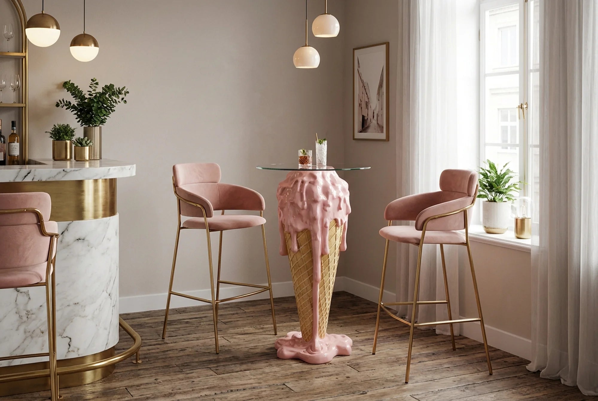 Stolik kawowy Ice Cream z okrągłym blatem ze szkła hartowanego, nowoczesny design do salonu