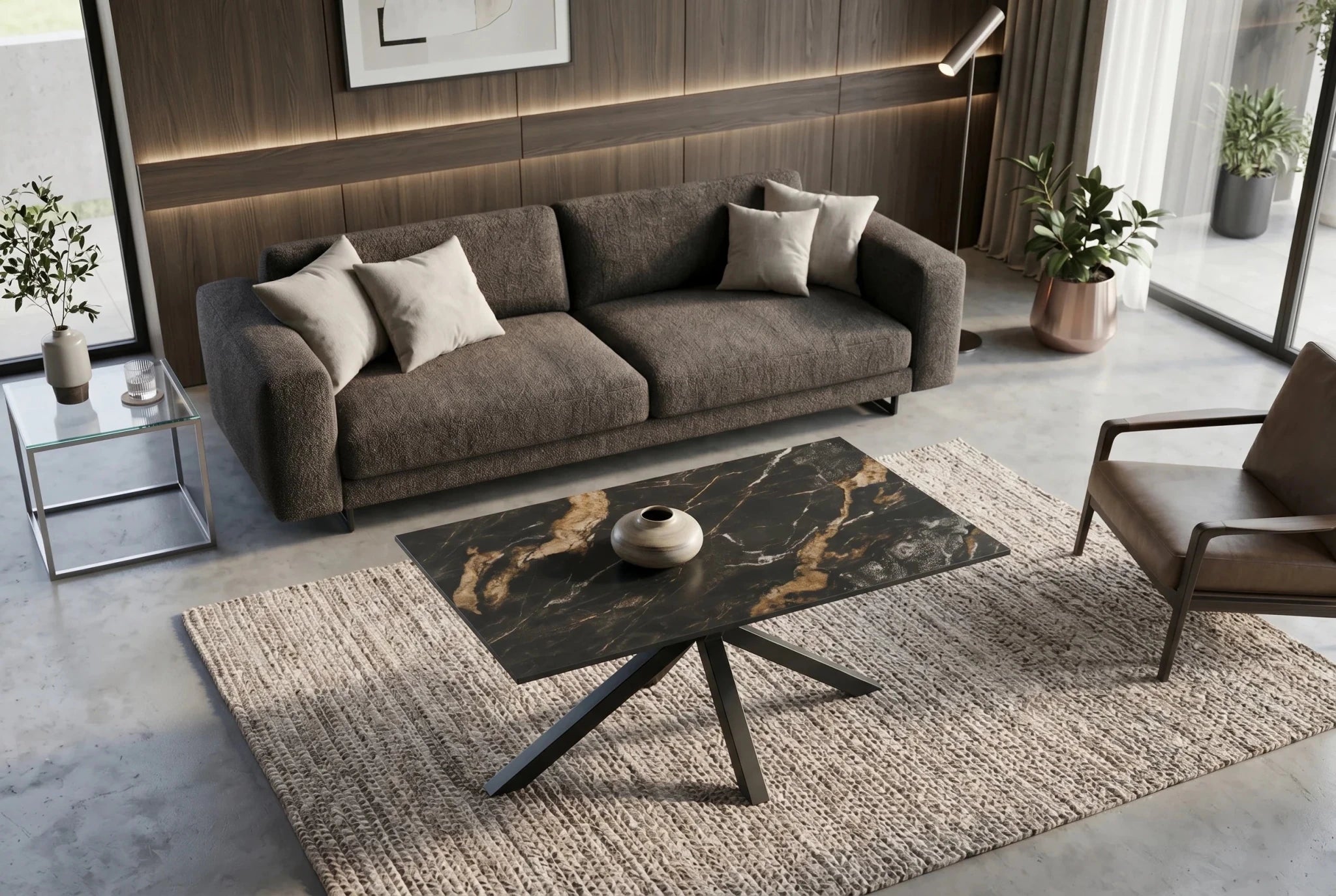 Stolik kawowy z ceramicznym blatem 100 cm i metalową podstawą w kształcie gwiazdy do nowoczesnego salonu.