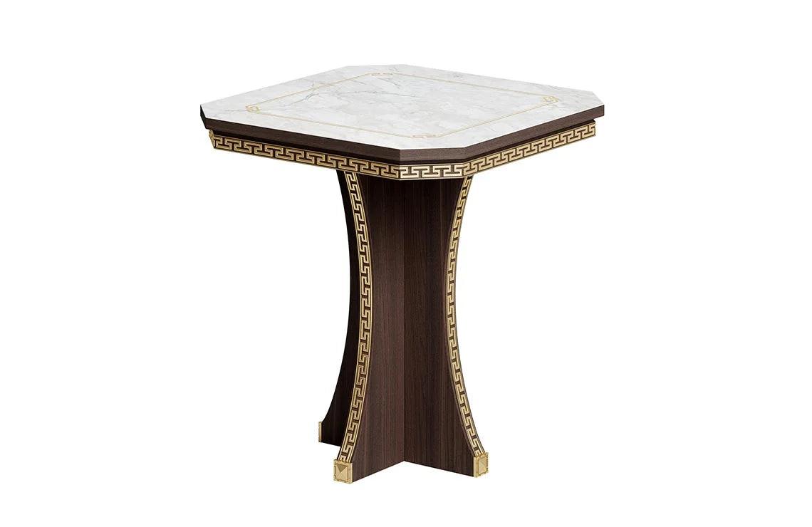 Włoski stolik kawowy 60 cm Arredoclassic Romantica optyka marmuru Carrara i orzecha, ze złotymi detalami i dekoracyjną podstawą