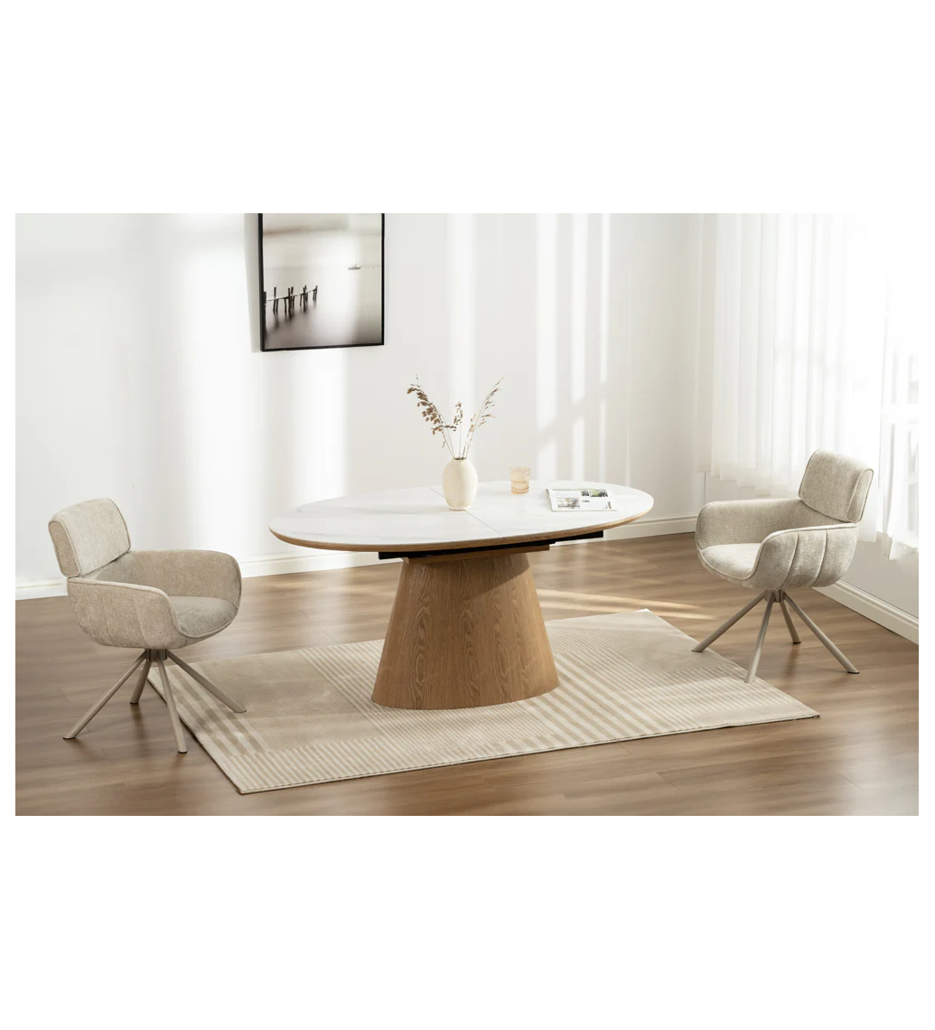 Stół rozkładany z ceramicznym blatem i dębową kolumnową podstawą