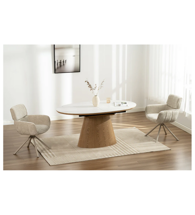 Stół rozkładany z ceramicznym blatem i dębową kolumnową podstawą