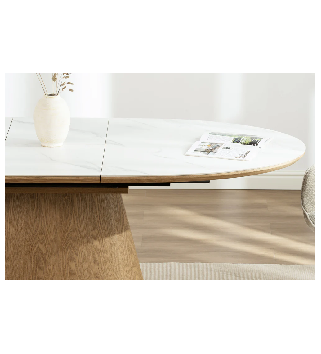 Stół rozkładany z ceramicznym blatem i dębową kolumnową podstawą