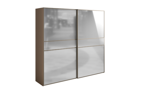 Szafa Linea z lustrzanymi drzwiami przesuwnymi, wnętrze z drążkiem, półkami i trzema szufladami