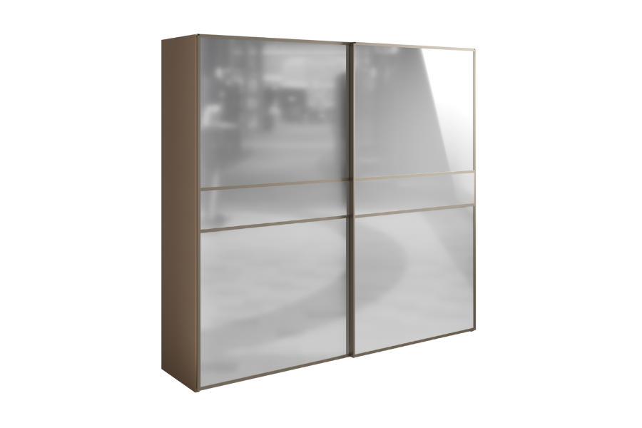 Szafa Linea z lustrzanymi drzwiami przesuwnymi, wnętrze z drążkiem, półkami i trzema szufladami