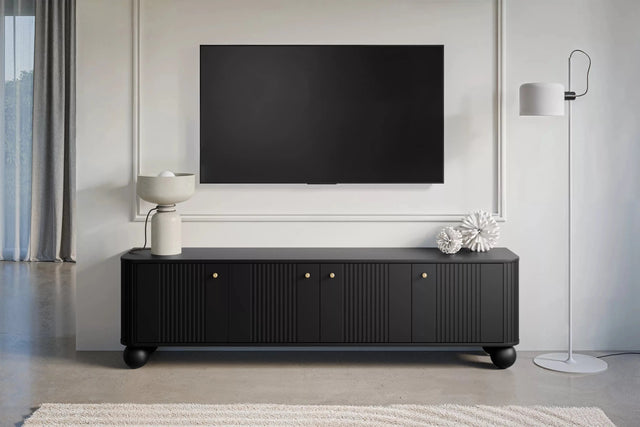 SZAFKA RTV VESPER 187 CM CZARNA / ZŁOTE UCHWYTY / NOGI KULE BOGART