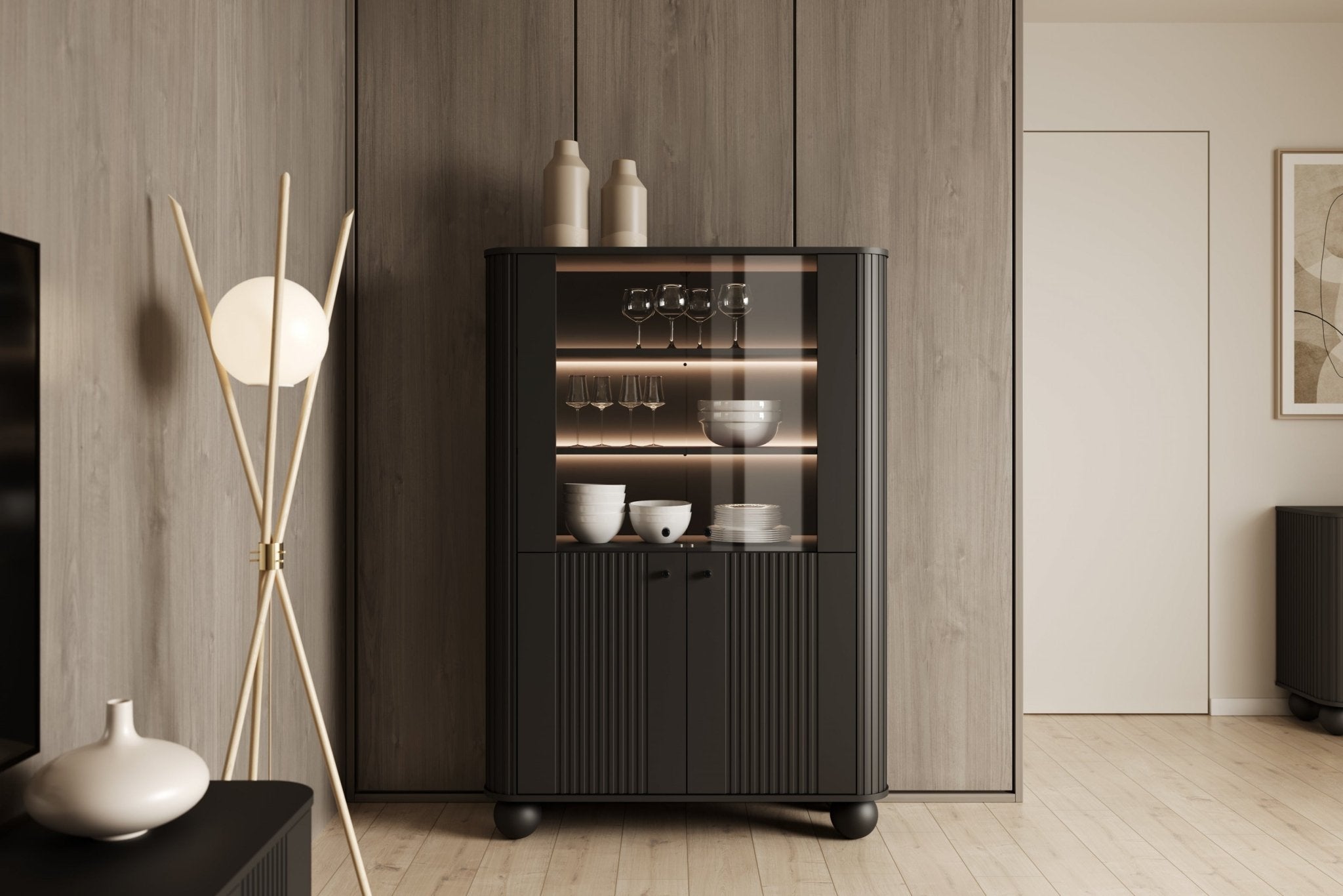 Witryna Vesper do salonu 103 cm czarna / czarne uchwyty / nogi kule