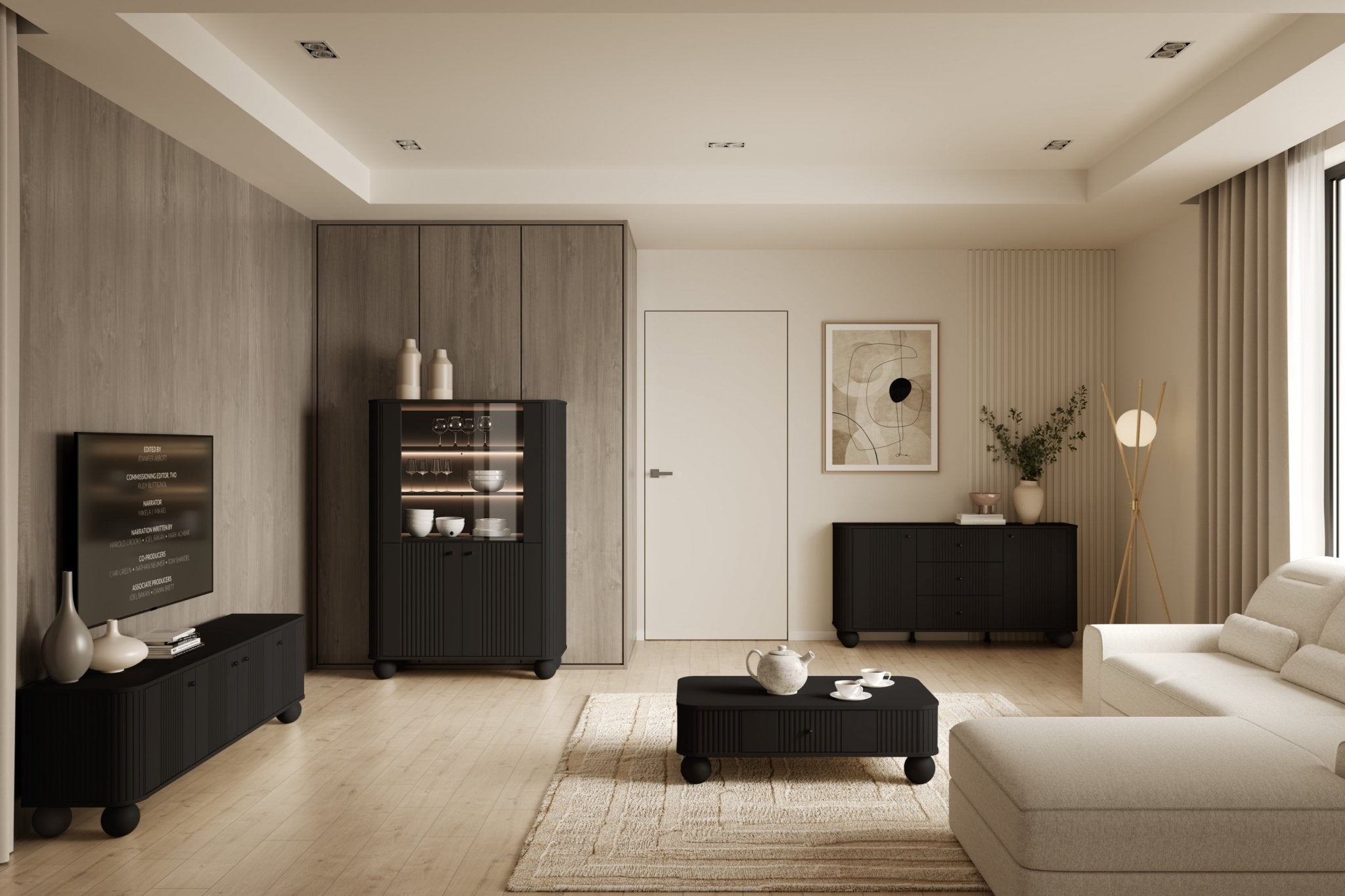 Witryna Vesper do salonu 103 cm czarna / czarne uchwyty / nogi kule