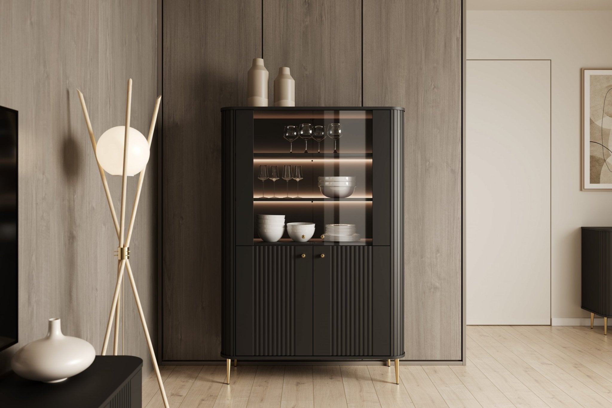Witryna Vesper do salonu 103 cm czarna / złote nogi, uchwyty