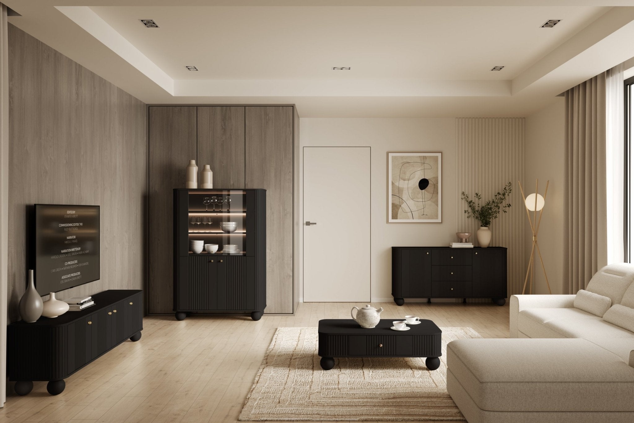 Witryna Vesper do salonu 103 cm czarna / złote uchwyty / nogi kule