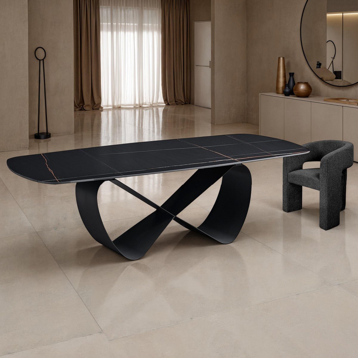 Włoski stół nierozkładany INFINITY BLACK MARBLE 240 cm z czarnym ceramicznym blatem i szarą metalową podstawą.