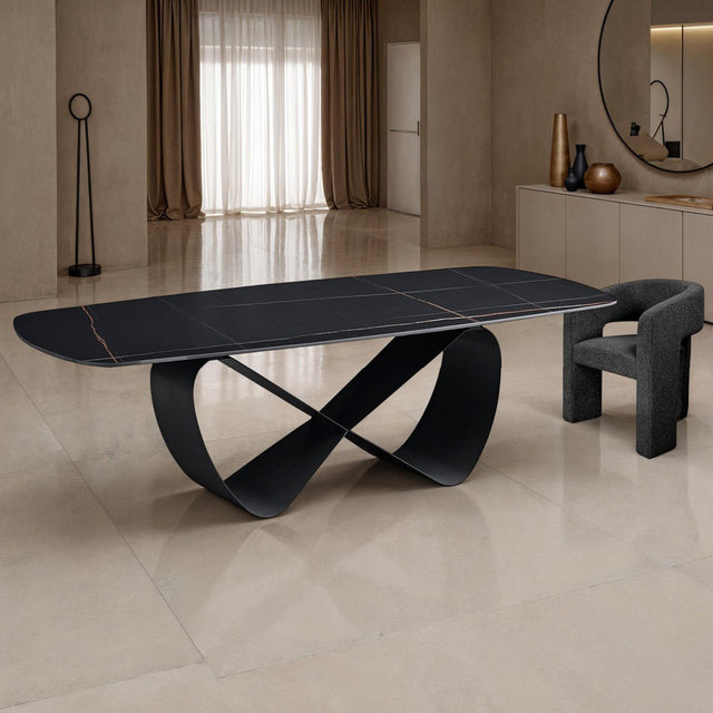 Włoski stół nierozkładany INFINITY BLACK MARBLE 240 cm z czarnym ceramicznym blatem i szarą metalową podstawą.