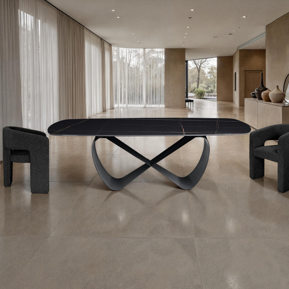 Włoski stół nierozkładany INFINITY BLACK MARBLE 240 cm z czarnym ceramicznym blatem i szarą metalową podstawą.