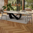 Włoski stół rozkładany INFINITY 200–300 cm z ceramicznym blatem Onice Marble i szarą metalową podstawą.