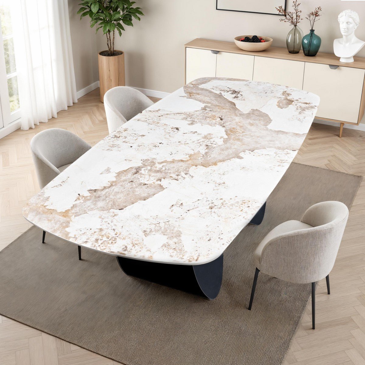 Włoski stół nierozkładany INFINITY 240 cm z ceramicznym blatem Onice Marble i szarą metalową podstawą.