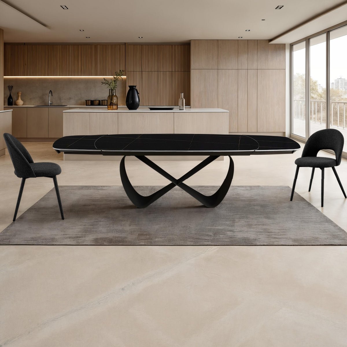Włoski stół rozkładany INFINITY 200–300 cm z czarnym ceramicznym blatem Nero Marble i metalową podstawą.