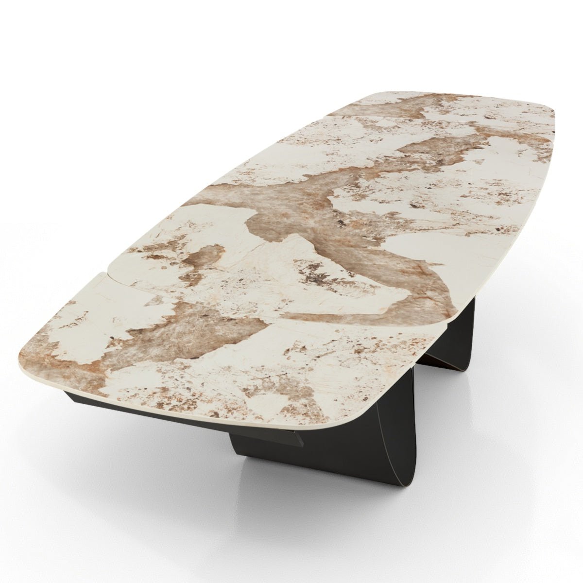 Włoski stół rozkładany INFINITY 200–300 cm z ceramicznym blatem Onice Marble i szarą metalową podstawą.
