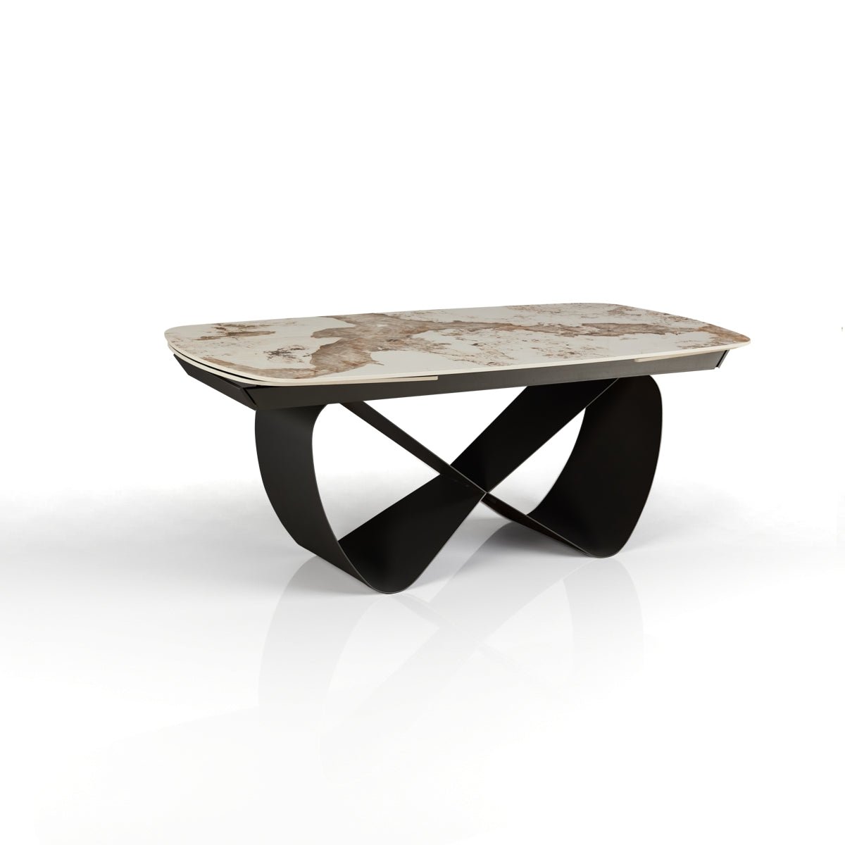 Włoski stół rozkładany INFINITY 200–300 cm z ceramicznym blatem Onice Marble i szarą metalową podstawą.