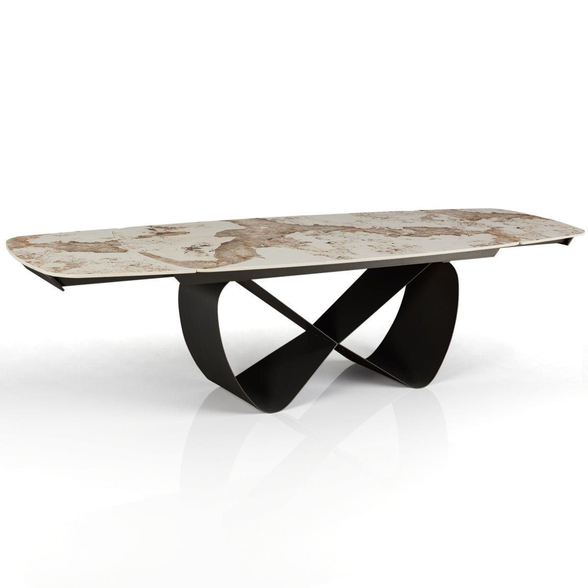 Włoski stół rozkładany INFINITY 200–300 cm z ceramicznym blatem Onice Marble i szarą metalową podstawą.