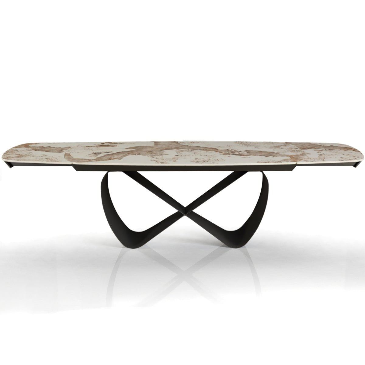 Włoski stół rozkładany INFINITY 200–300 cm z ceramicznym blatem Onice Marble i szarą metalową podstawą.
