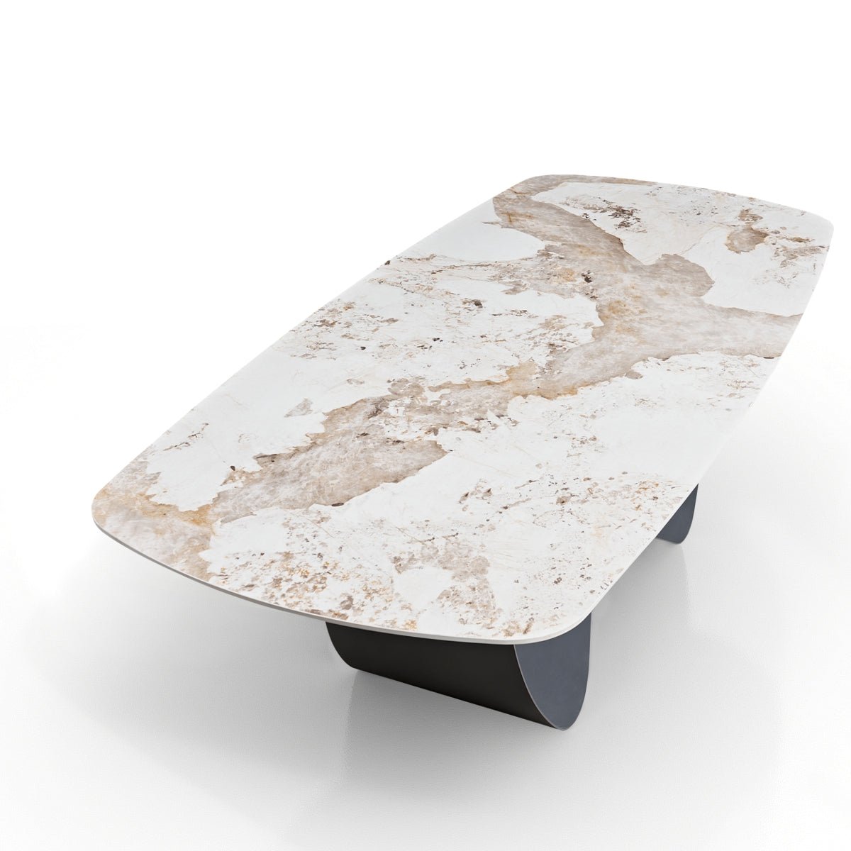 Włoski stół nierozkładany INFINITY 240 cm z ceramicznym blatem Onice Marble i szarą metalową podstawą.