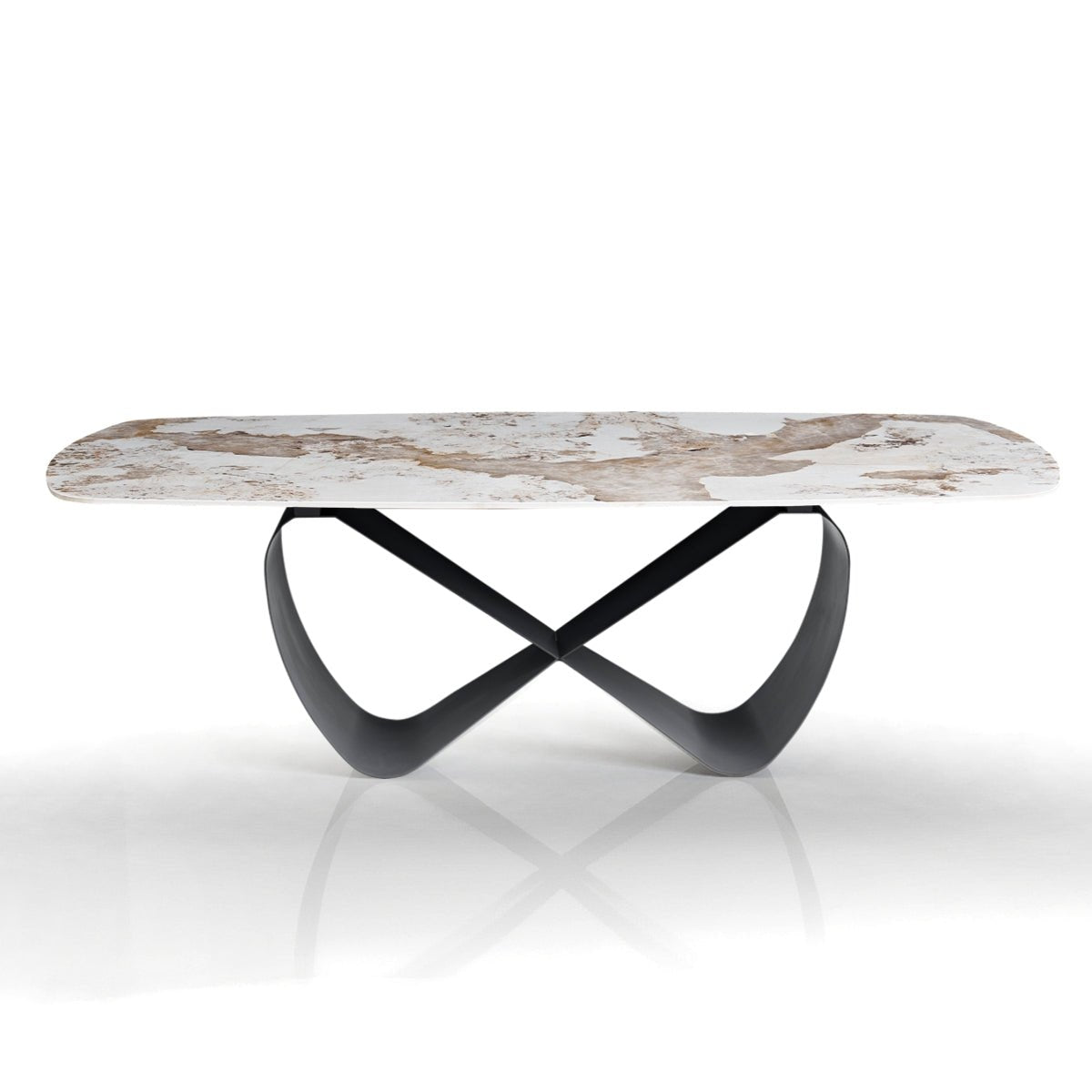 Włoski stół nierozkładany INFINITY 240 cm z ceramicznym blatem Onice Marble i szarą metalową podstawą.