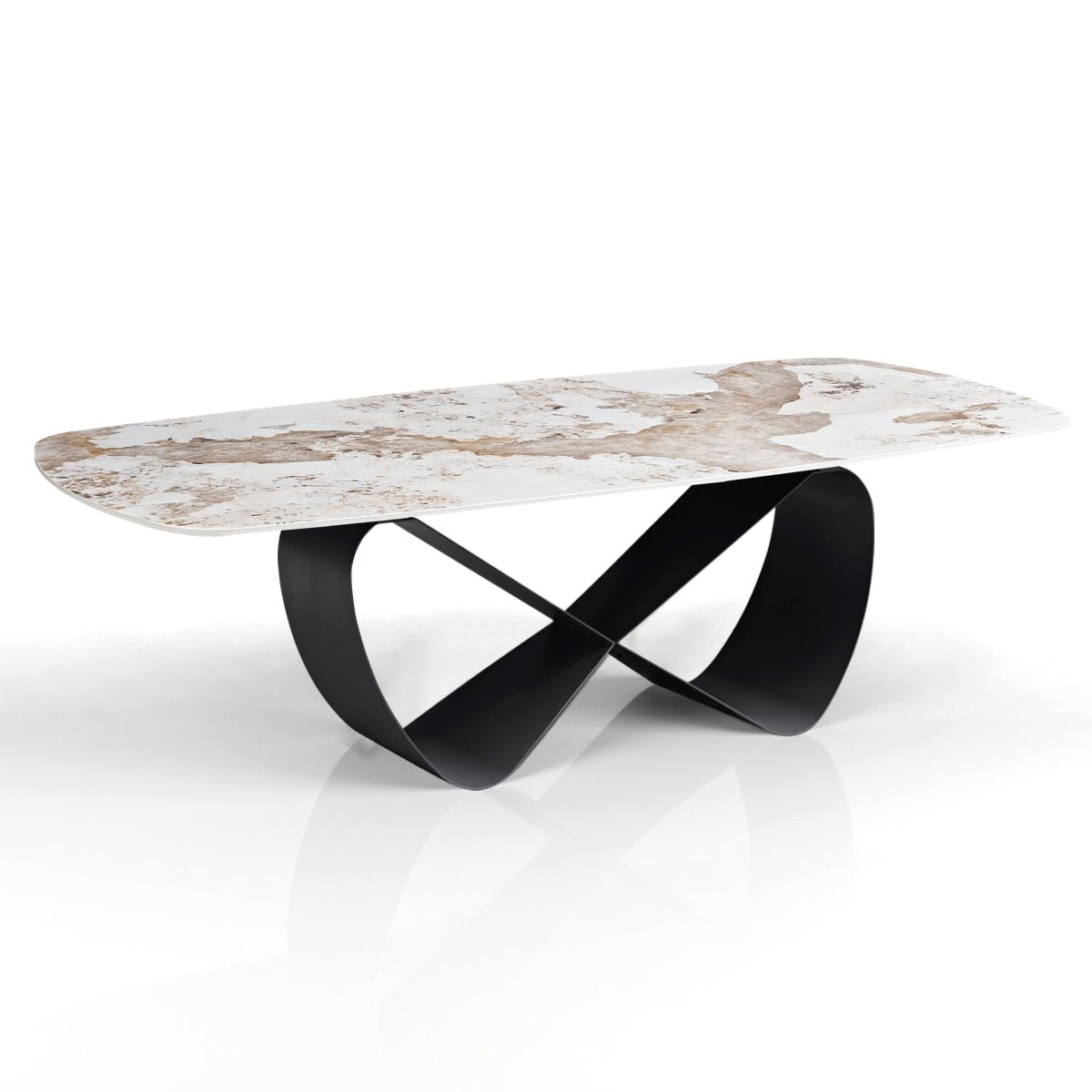 Włoski stół nierozkładany INFINITY 240 cm z ceramicznym blatem Onice Marble i szarą metalową podstawą.