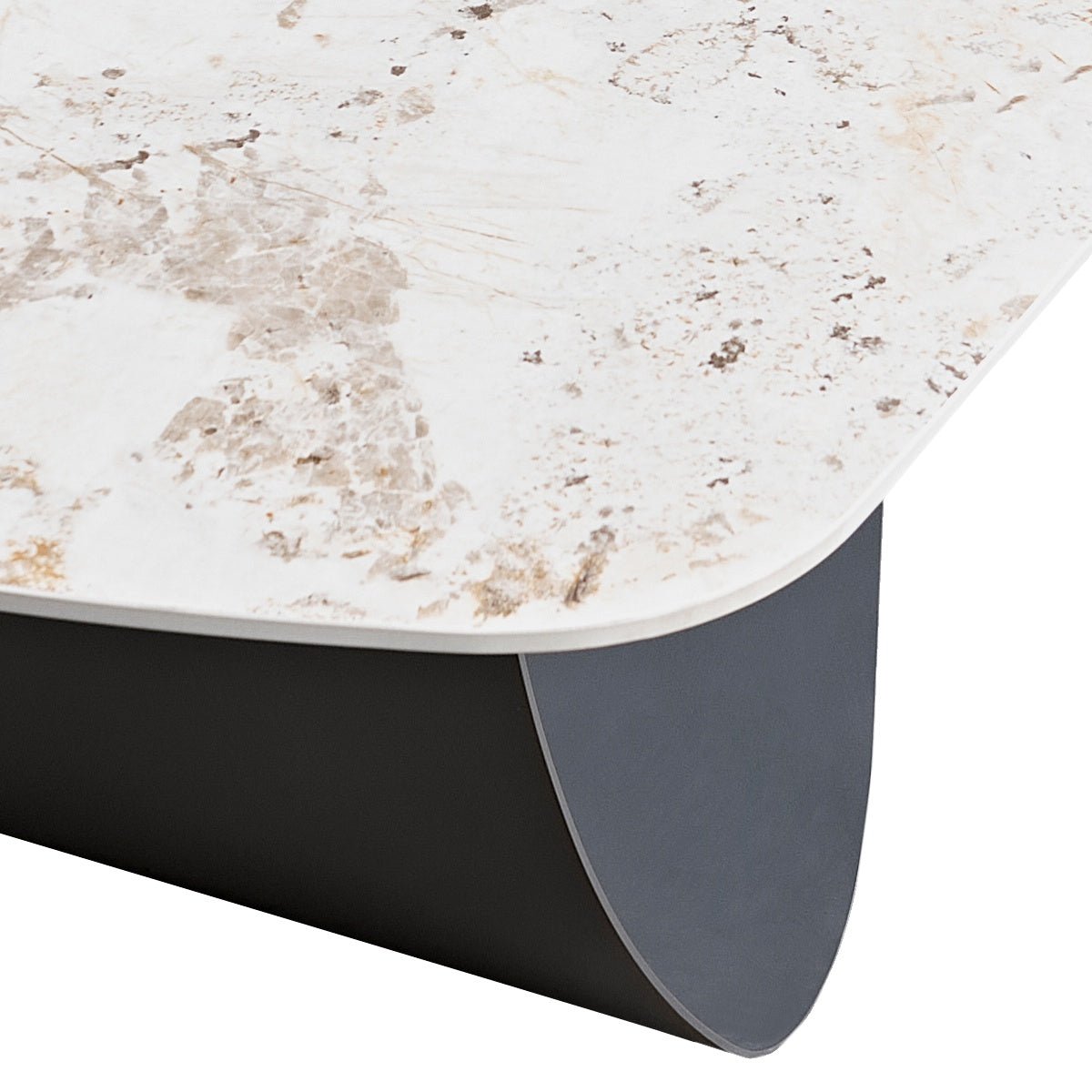 Włoski stół nierozkładany INFINITY 240 cm z ceramicznym blatem Onice Marble i szarą metalową podstawą.