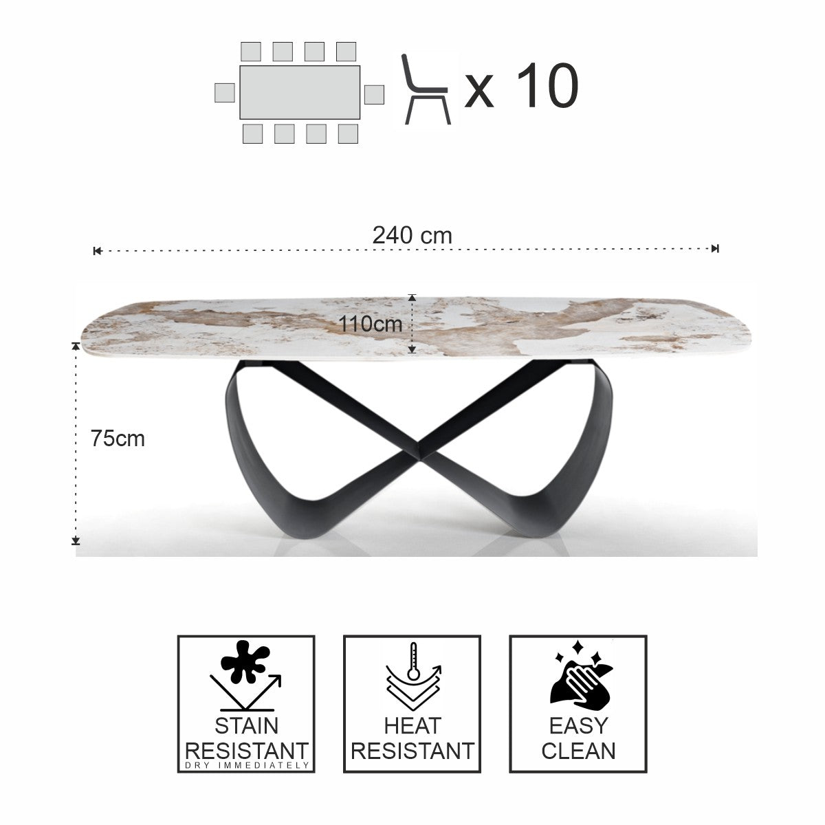 Włoski stół nierozkładany INFINITY 240 cm z ceramicznym blatem Onice Marble i szarą metalową podstawą.